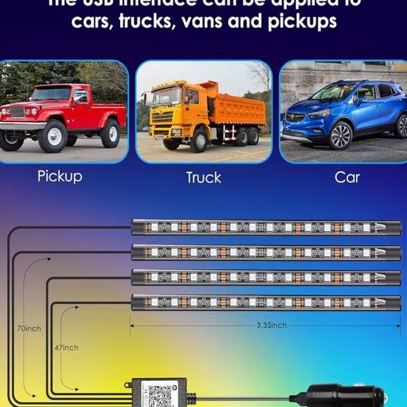 RGB Car Interior LED Strip Lights (4-Piece) | App Control, Music Sync, USB Plug - Picture 3 of 7